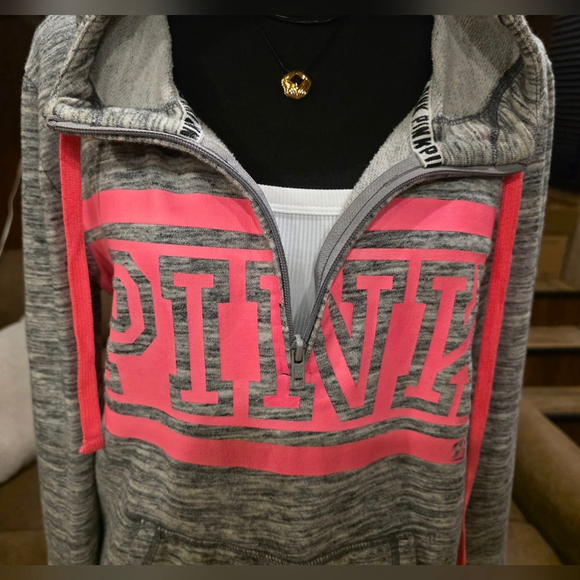 PINK Gray Quarter Zip Hoodie with Pink Logo - Picture 2 of 7